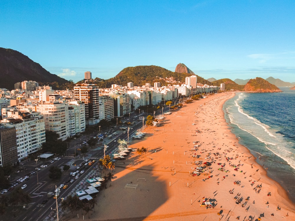 Copacabana beach from above, with the boardwalk and the Sugarloaf in the distance